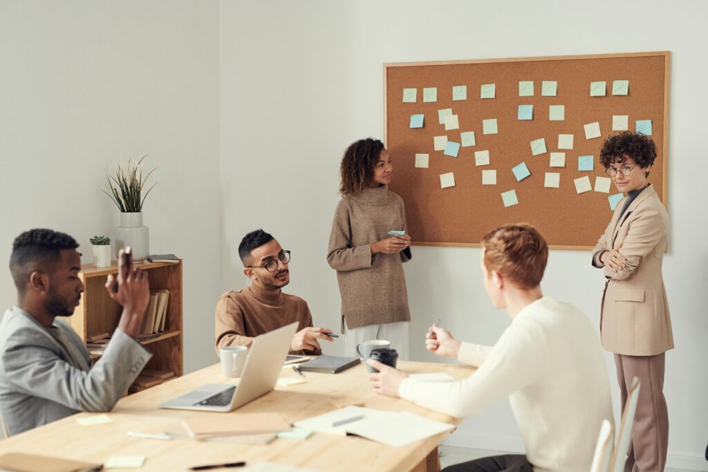 Colleagues in the middle of planning a brand growth strategy.